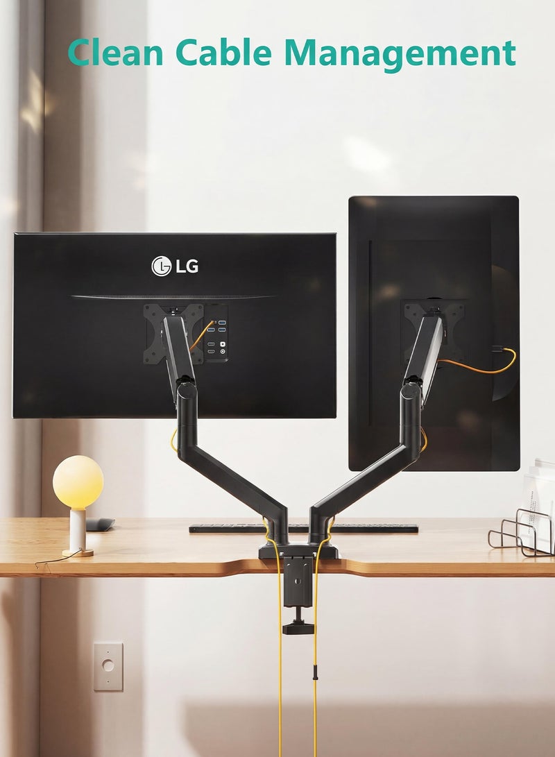 OSSO Dual Monitor Stand Gas Spring Adjustable Monitor Arm for 13 to 35 Inch Screen Support 26 LBS Heavy Duty Monitor Mount Vesa 75x75 100x100 with C Clamp Grommet Base Double Desk Mount for Gaming Computer Home Office - Image 3